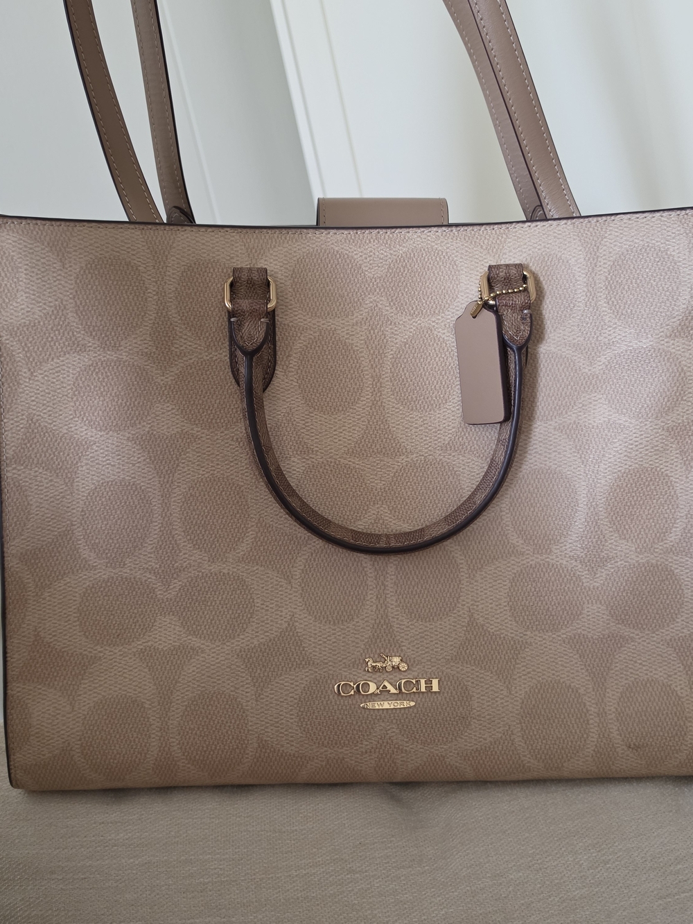 Coach Tan Signature Maggie Tote with Gold Hardware